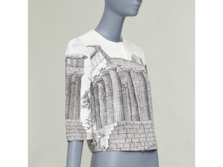 DOLCE GABBANA 2014 cream linen grey Greek Temple printed flax crop jacket IT40 S