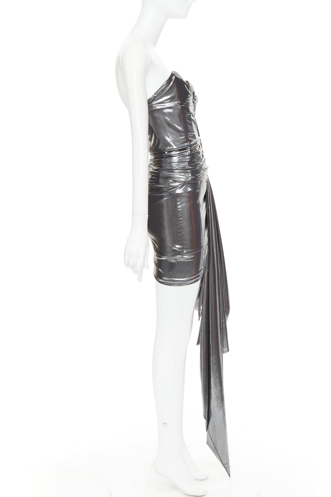 ALEXANDRE VAUTHIER AW2023 Runway silver liquid metal drape asymmetric mini dress