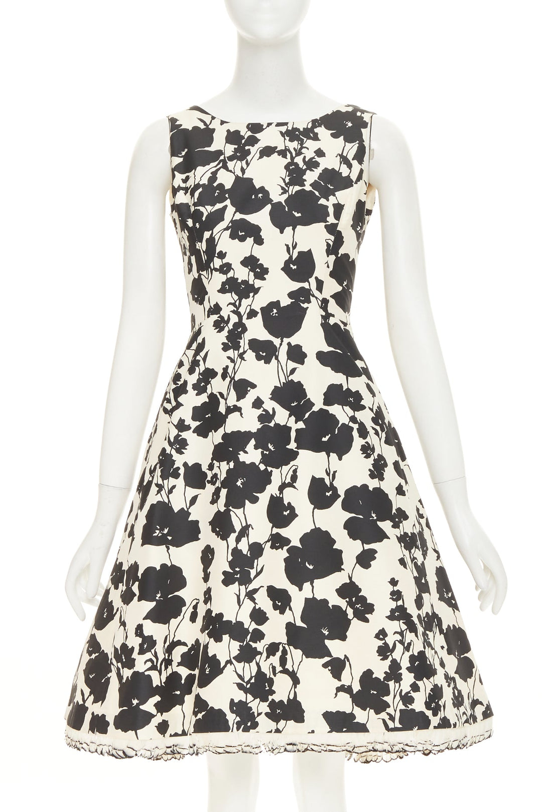 OSCAR DE LA RENTA R08  poppy floral black white silk feather hem dress US0 XXS