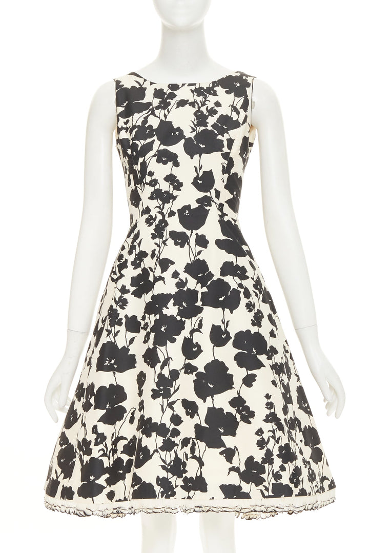 OSCAR DE LA RENTA R08  poppy floral black white silk feather hem dress US0 XXS