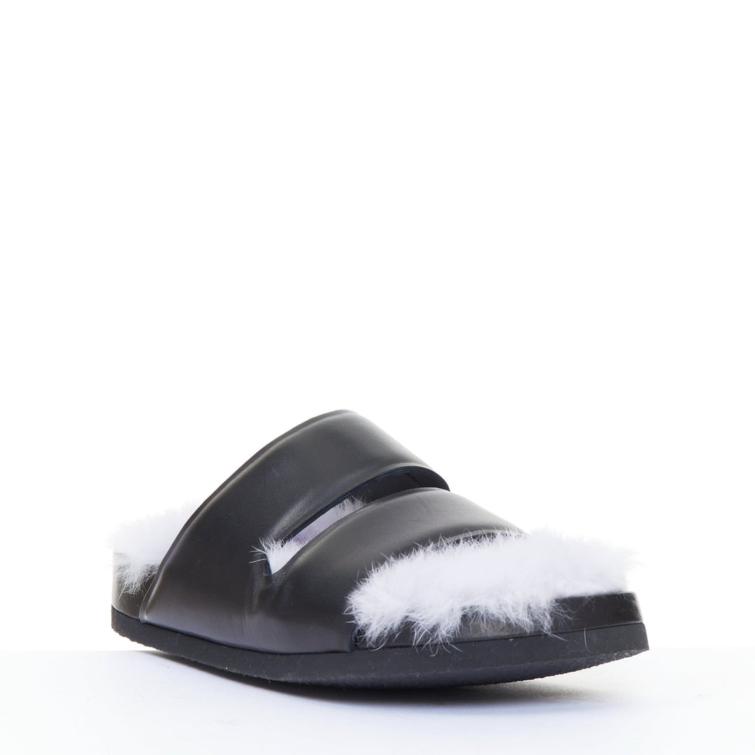 CELINE 2013 Phoebe Philo Runway black leather lilac shearling slide sandals EU37
