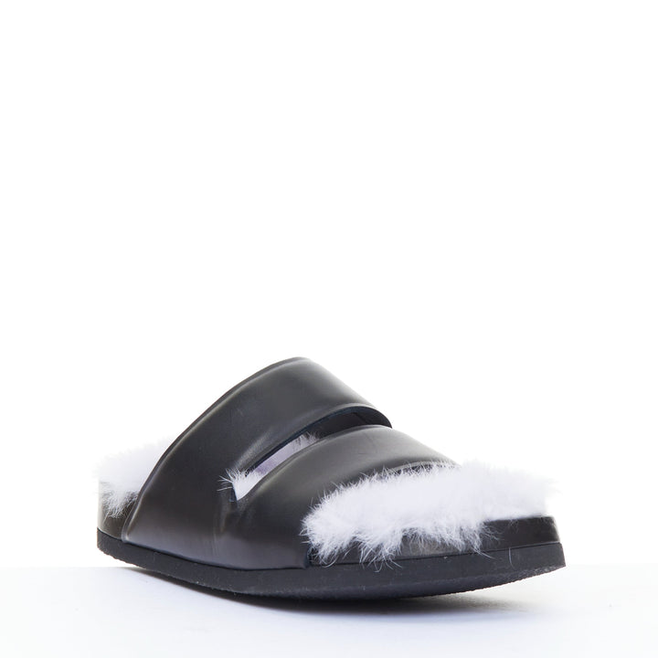 CELINE 2013 Phoebe Philo Runway black leather lilac shearling slide sandals EU37
