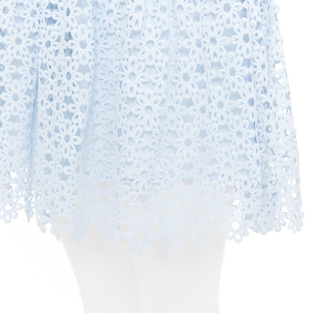 SELF PORTRAIT Geo Guipure Lace light blue grosgrain mock neck dress UK8 S