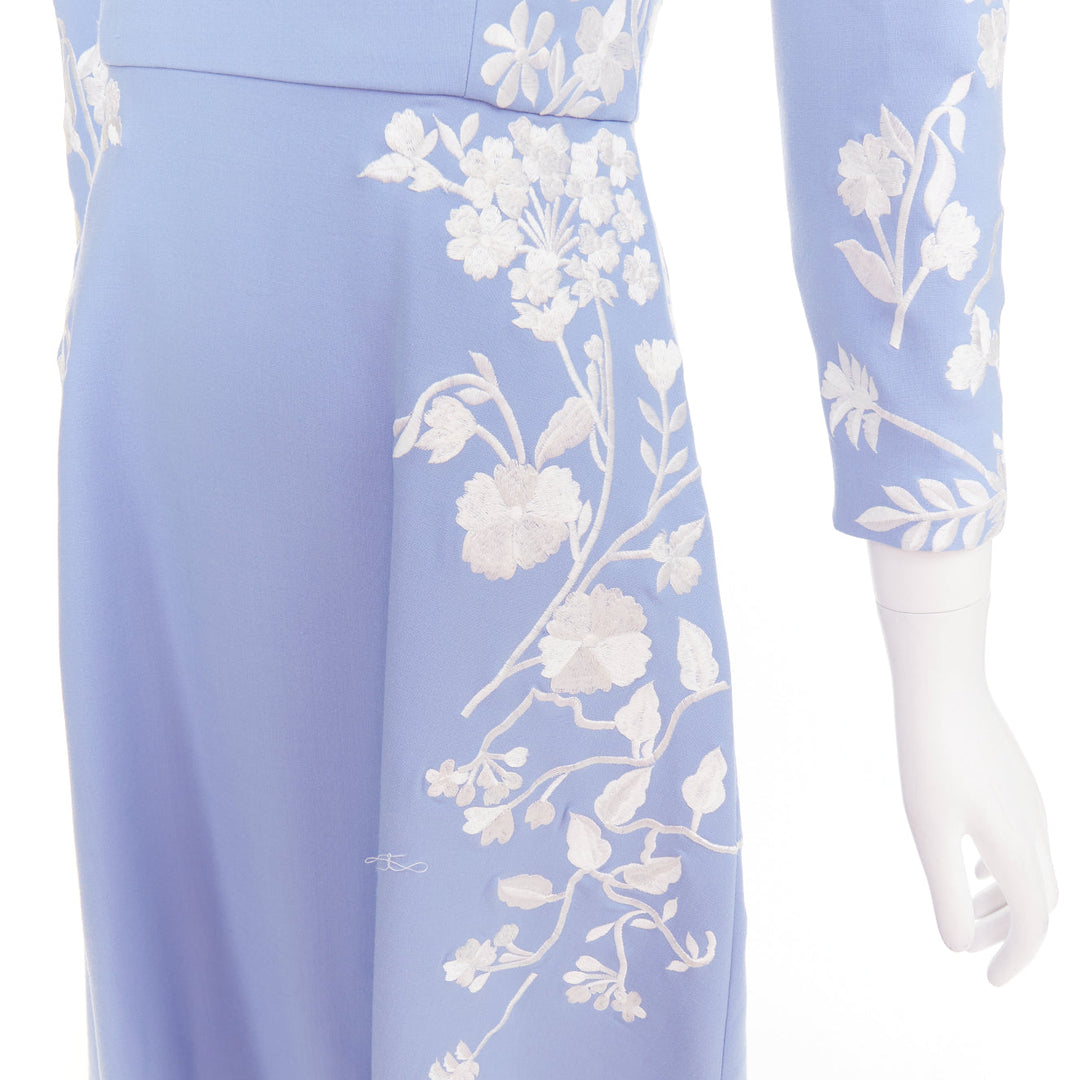 OSCAR DE LA RENTA 2019 blue white virgin wool floral embroidered dress US4 M