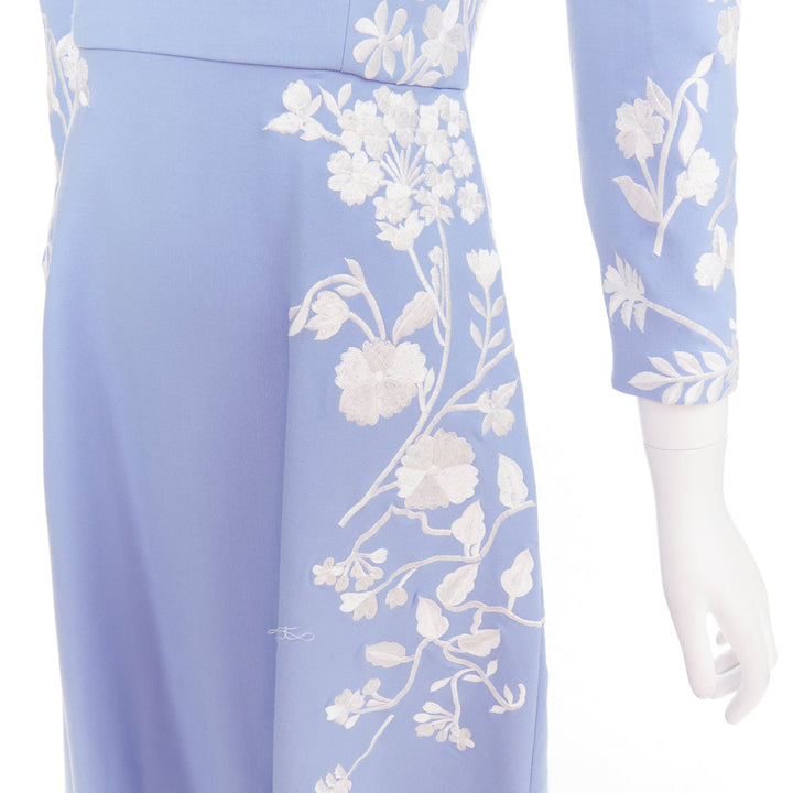 OSCAR DE LA RENTA 2019 blue white virgin wool floral embroidered dress US4 M