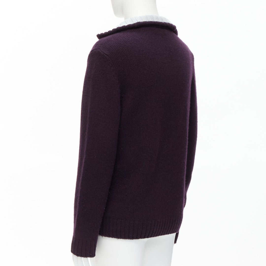 HERMES 100% cashmere dark purple contrasting baby blue collar pullover sweater M