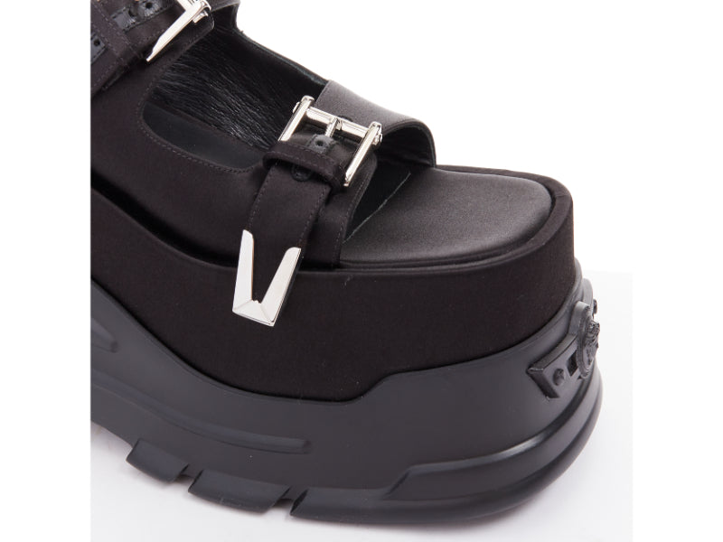 new VERSACE Anthem 120 Black satin silver Medusa buckle platform sandals EU38