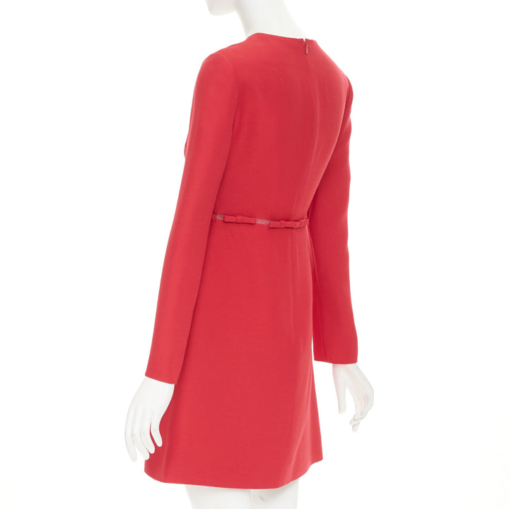 VALENTINO  red wool silk crepe ribbon mesh waist cocktail dress IT40 S