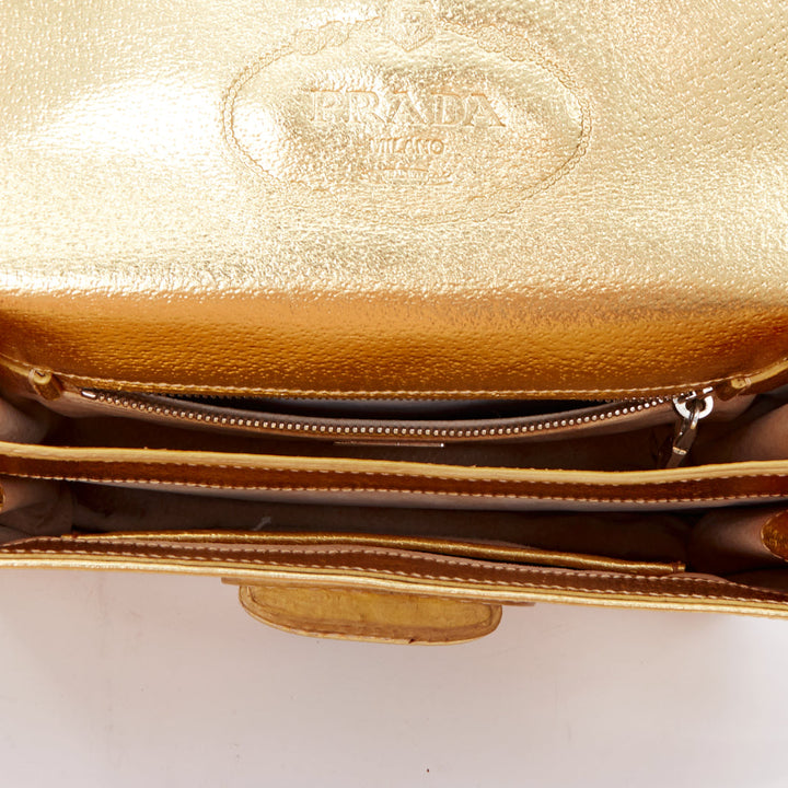 PRADA Vintage gold metallic leather silver logo flap crossbody bag
