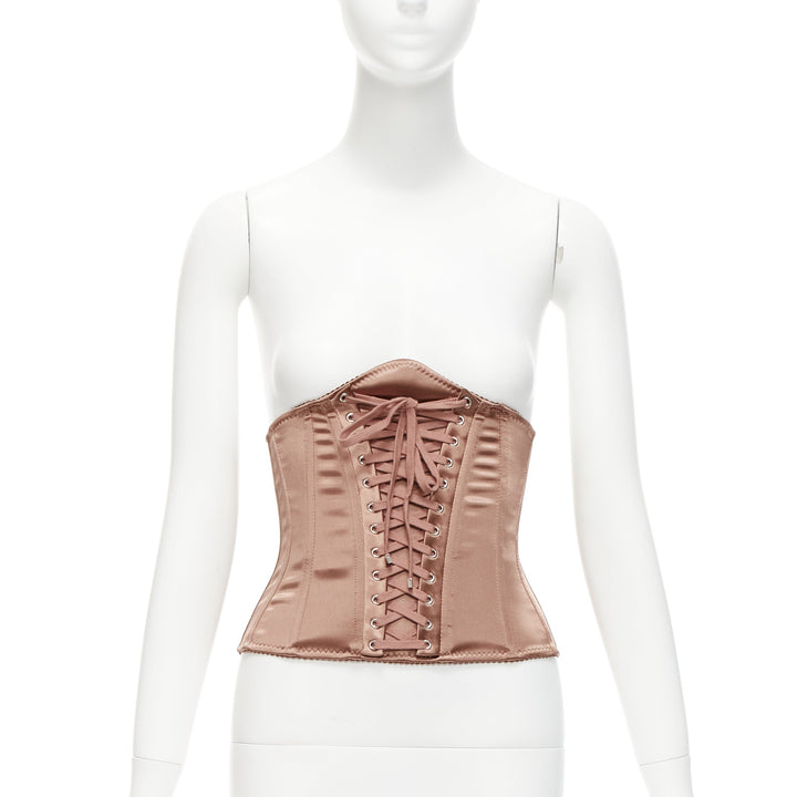 DOLCE GABBANA nude ribbon lace detailing boned corset belt IT36 XXS