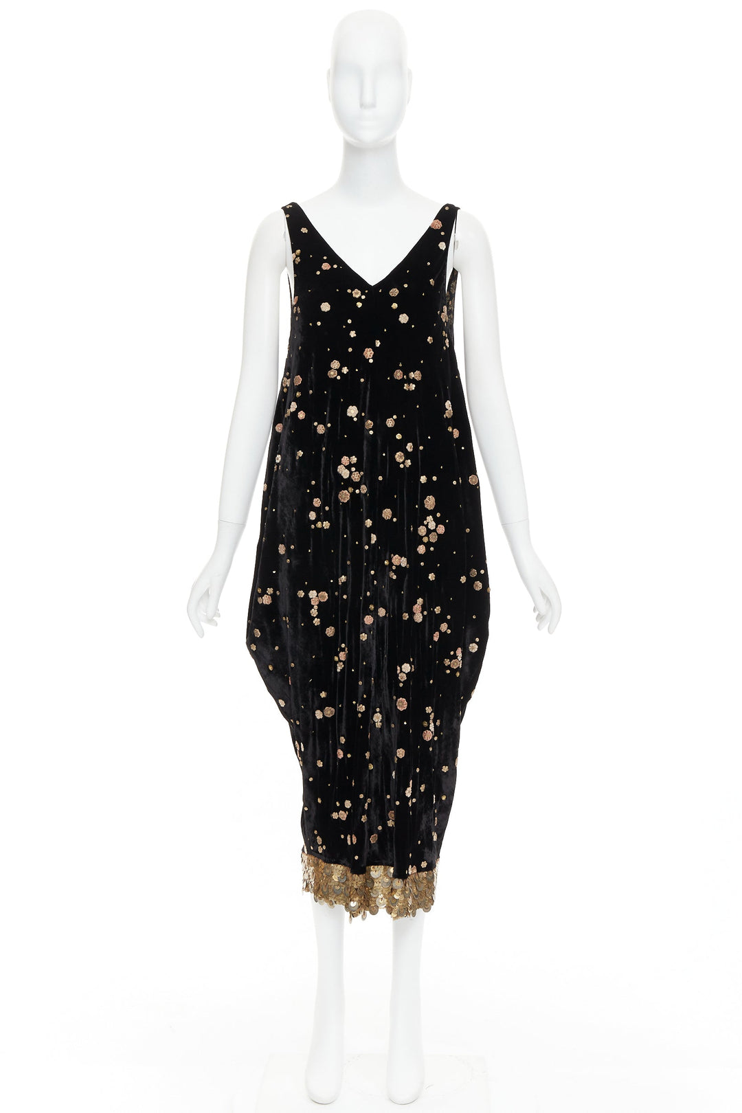 SABYASACHI black velvet gold floral applique sequins drape V neck dress S