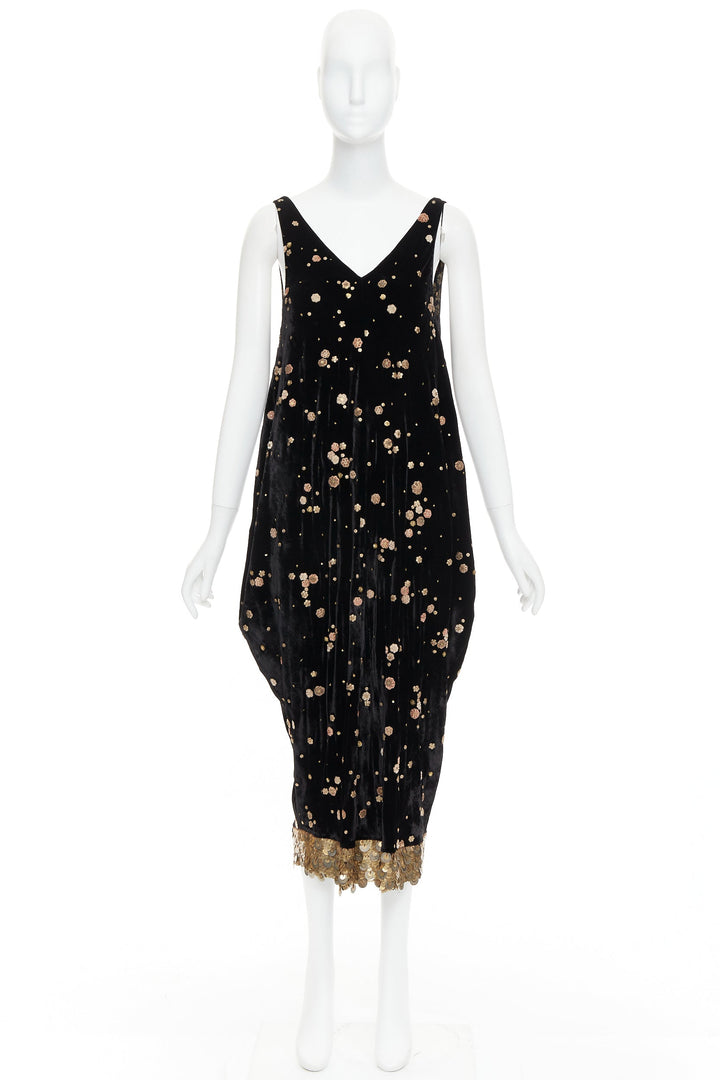 SABYASACHI black velvet gold floral applique sequins drape V neck dress S