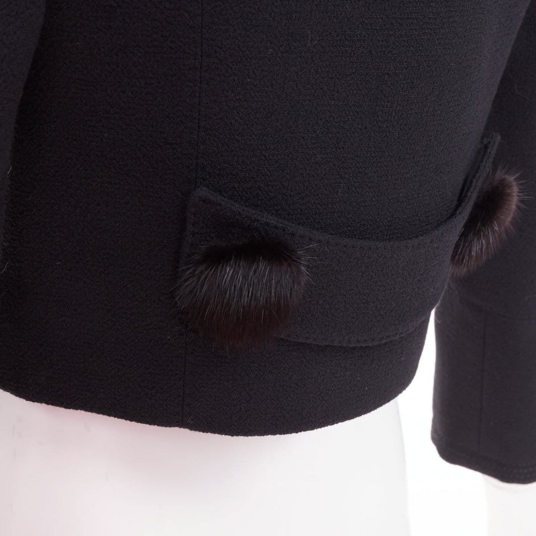 LOUIS VUITTON 2007 black wool crepe Mink fur button cropped jacket FR38 M