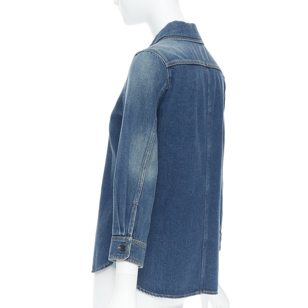 CHLOE blue washed denim cotton cropped sleeve over shirt FR38 M