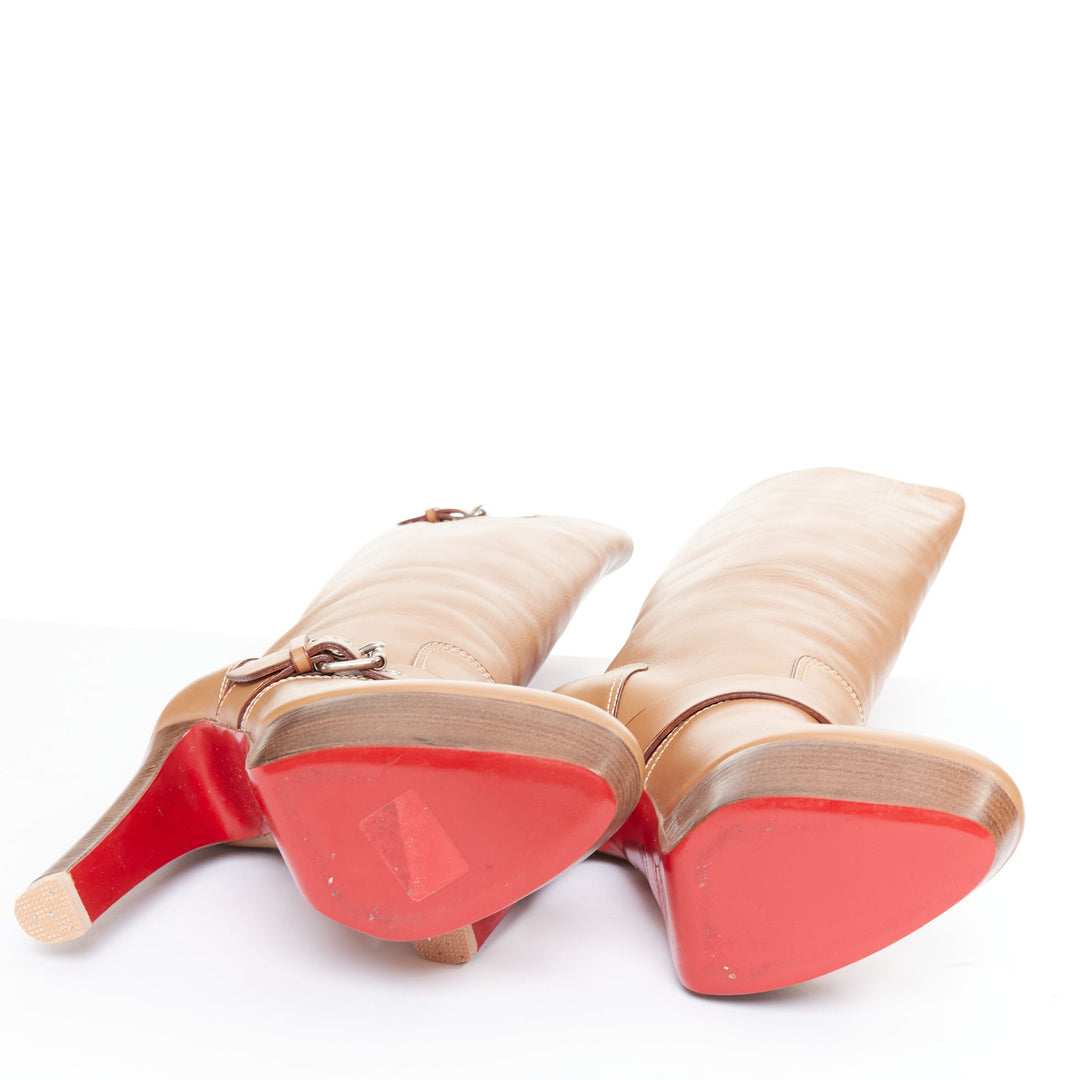 CHRISTIAN LOUBOUTIN Harletty 140 tan calf wood platform knee high boots EU39