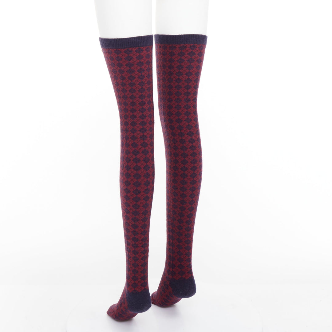 CHANEL red navy wool CC logo button checked wool thigh high socks M
