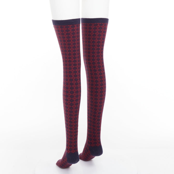 CHANEL red navy wool CC logo button checked wool thigh high socks M