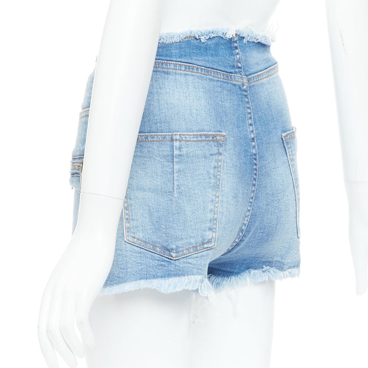 UNRAVEL PROJECT blue washed denim white laced front cut off shorts 25"