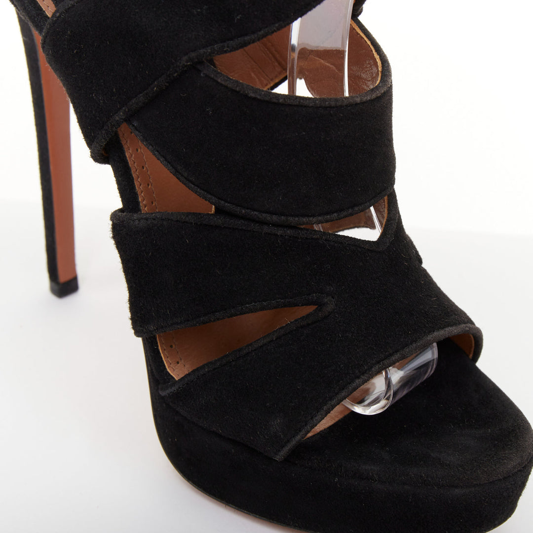 ALAIA 2012 black wavy suede caged cutout strappy open toe platform sandals EU35