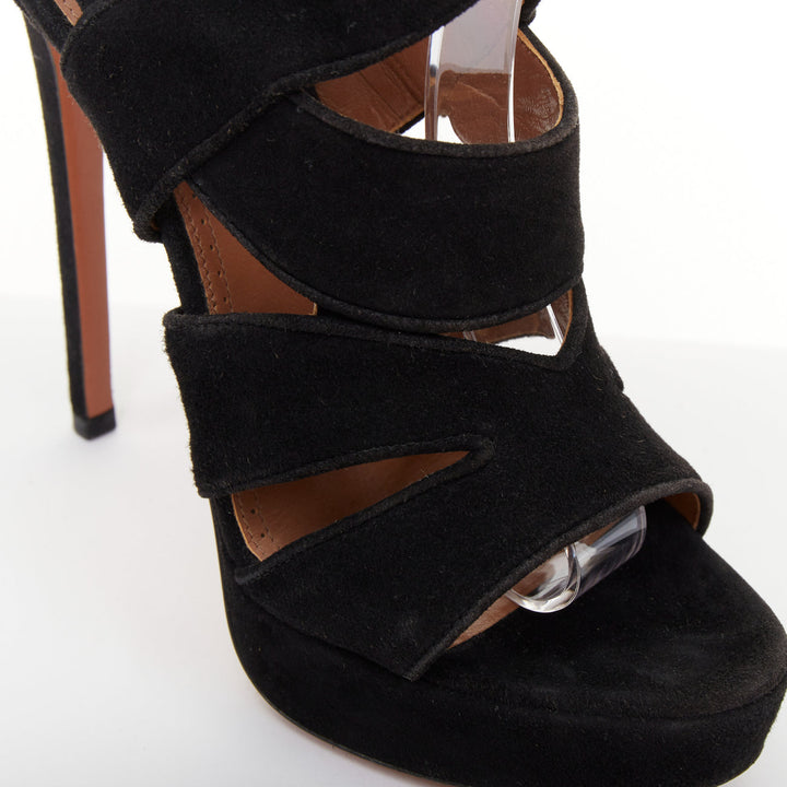 ALAIA 2012 black wavy suede caged cutout strappy open toe platform sandals EU35