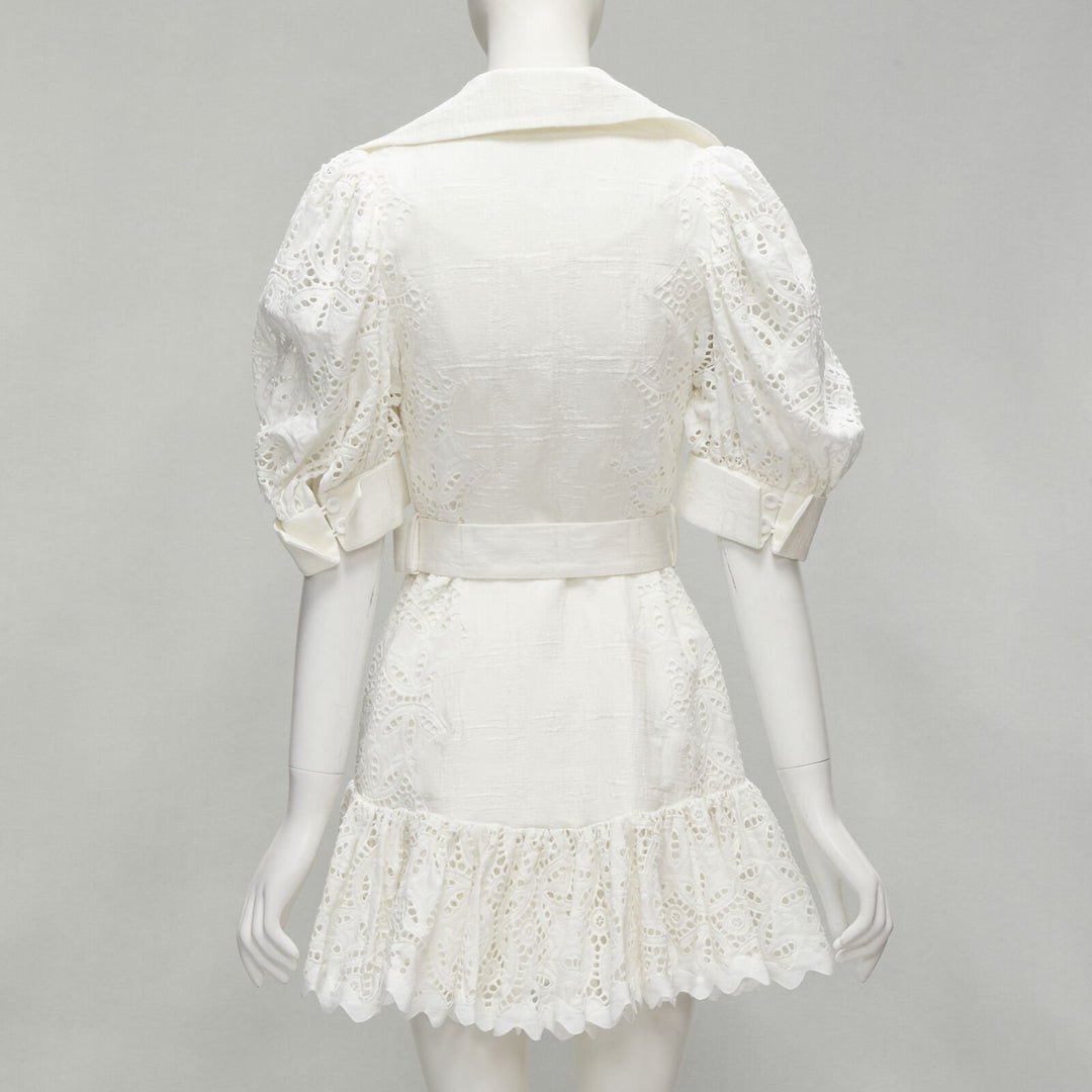 ACLER white embroidery eyelet puff sleeve belted double breasted dress US2 XS