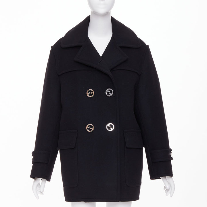 GUCCI 2024 Runway G gold button black batavia wool double breasted coat IT40 S