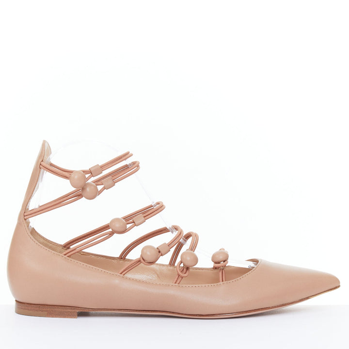 GIANVITO ROSSI nude leather button multi strap pointed ballerina flats EU37.5