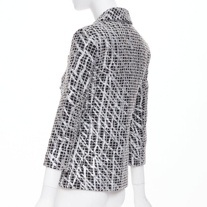 CHANEL 2012 Runway Silver Metallic Graffiti black check tweed jacket FR36 XS