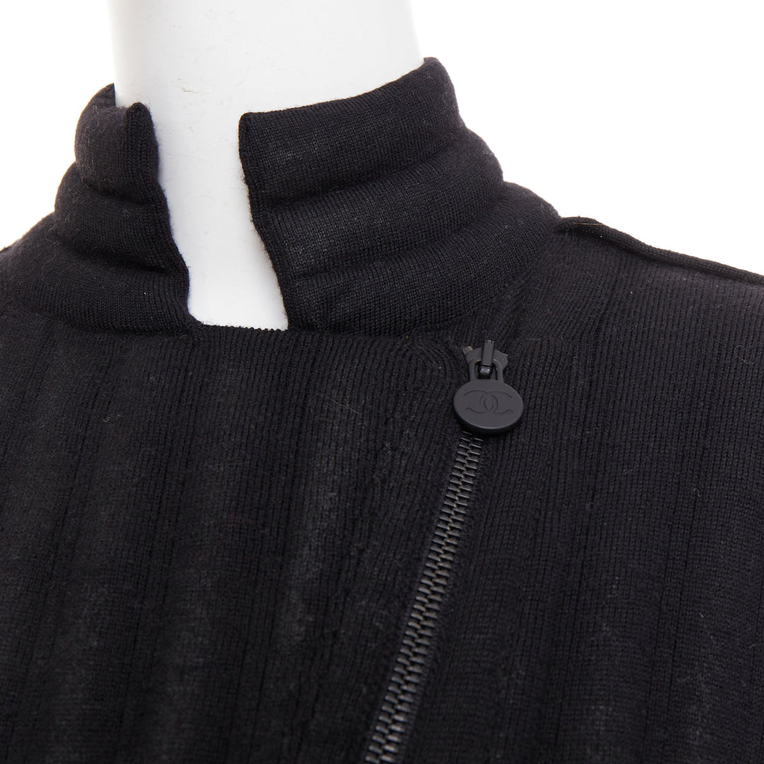 CHANEL 100% wool black metallic coated CC logo tubular pad biker jacket FR34 XS