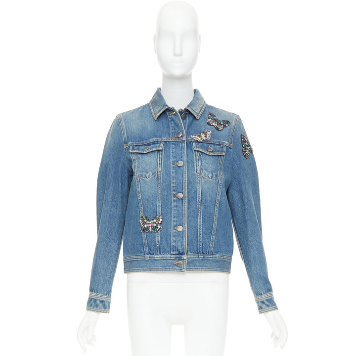 VALENTINO blue denim multicolor jewel butterfly embellish trucker jacket IT40 S
