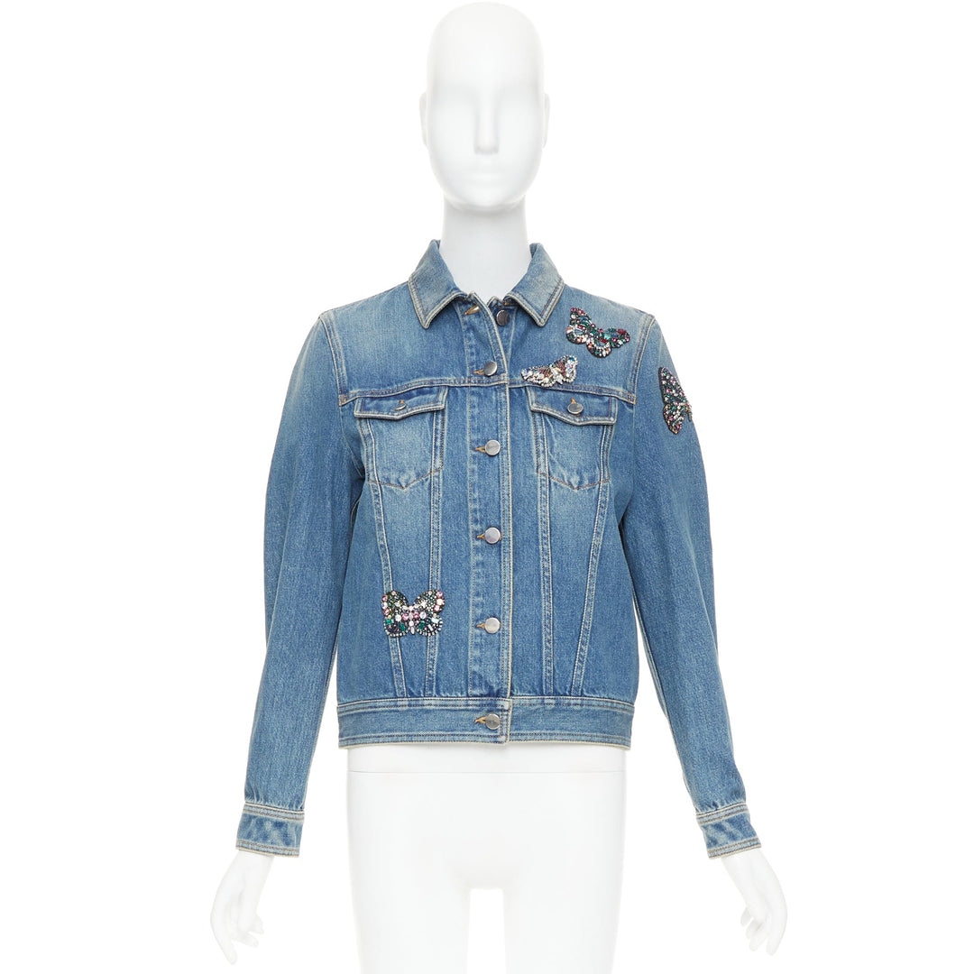 VALENTINO blue denim multicolor jewel butterfly embellish trucker jacket IT40 S