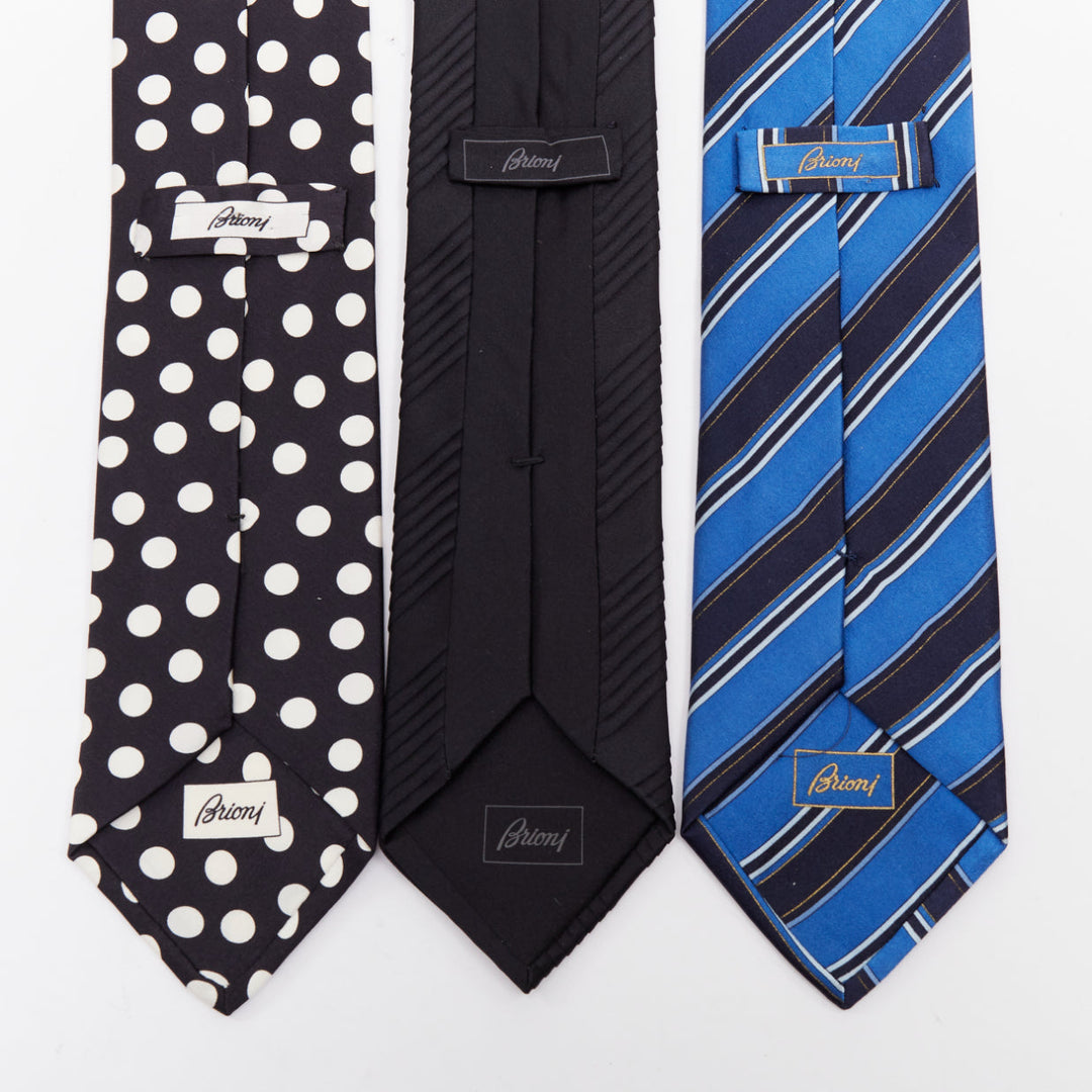 BRIONI Set of 3 100% silk blue diagonal stripes black pleats white polka dot tie