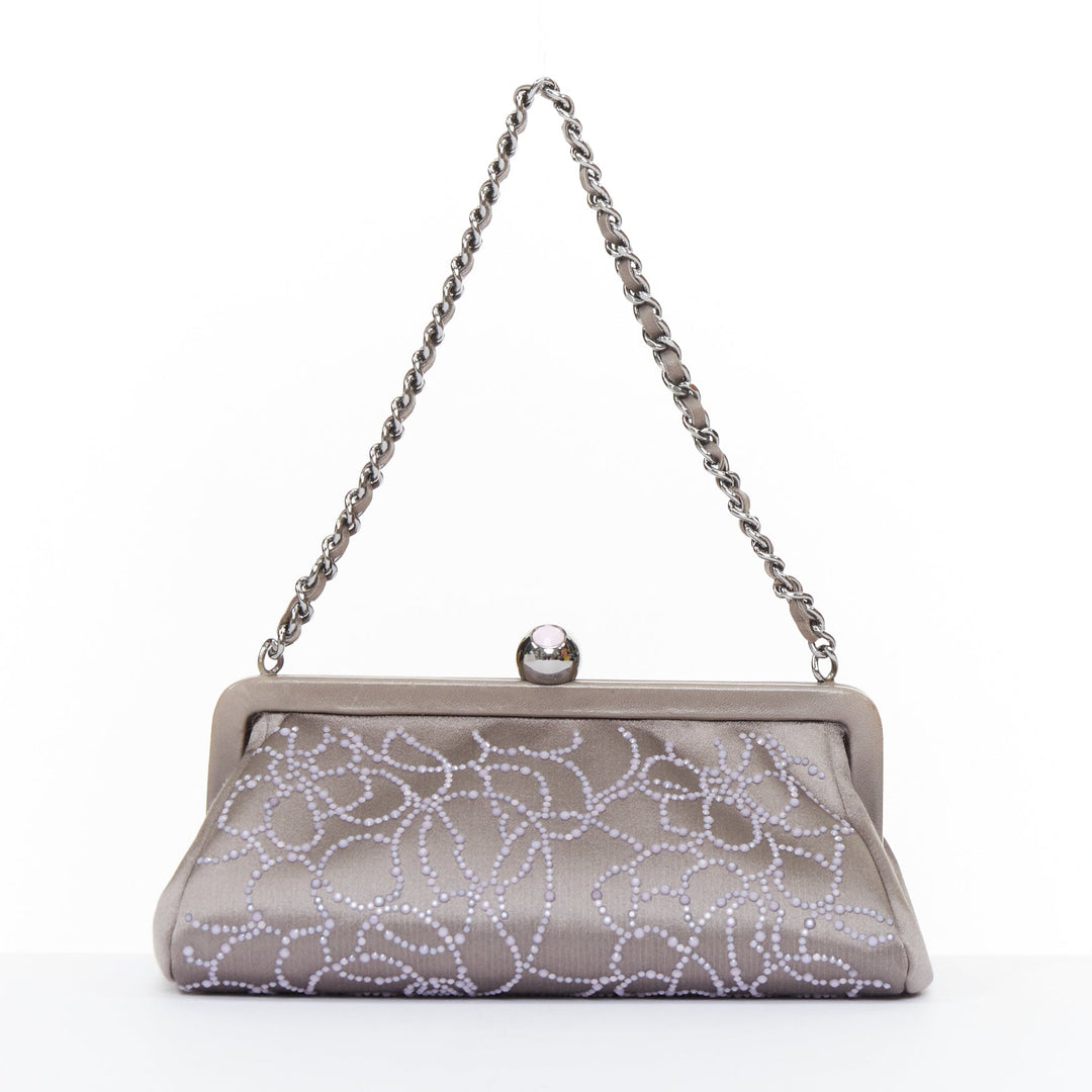 CHANEL 2000 pink pearl beaded grey satin crystal CC kiss lock frame clutch bag