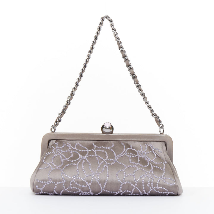CHANEL 2000 pink pearl beaded grey satin crystal CC kiss lock frame clutch bag
