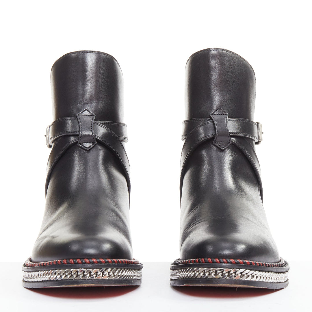 CHRISTIAN LOUBOUTIN Chelsea Chain Flat Calf Brosse black chain buckle boots EU38
