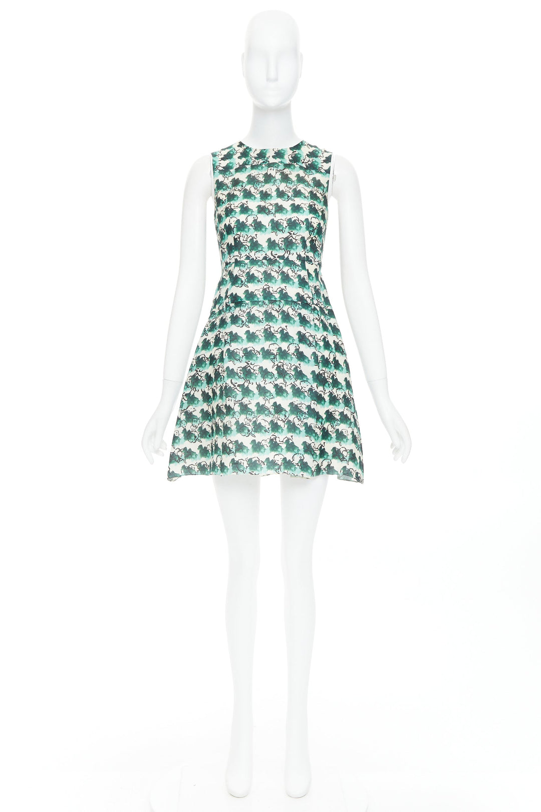 TANYA TAYLOR green cream silk abstract print sleeveless A-line dress US0 XS