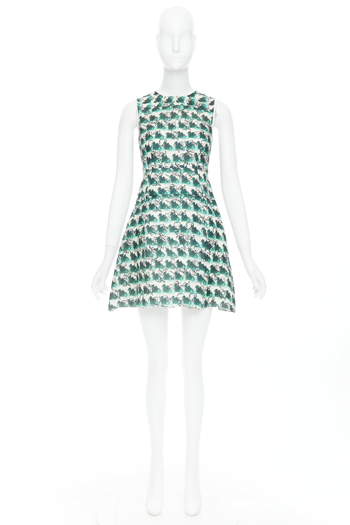 TANYA TAYLOR green cream silk abstract print sleeveless A-line dress US0 XS