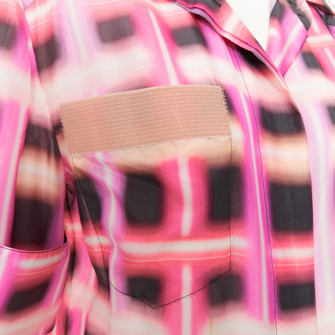 CHANEL 2017 Runway neon pink plaid digital graffiti silk blouse dress FR38 M