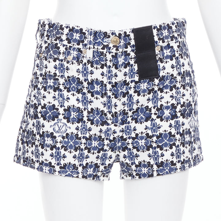LOUIS VUITTON Flower Mosaic blue white logo floral print cotton shorts FR34 XS