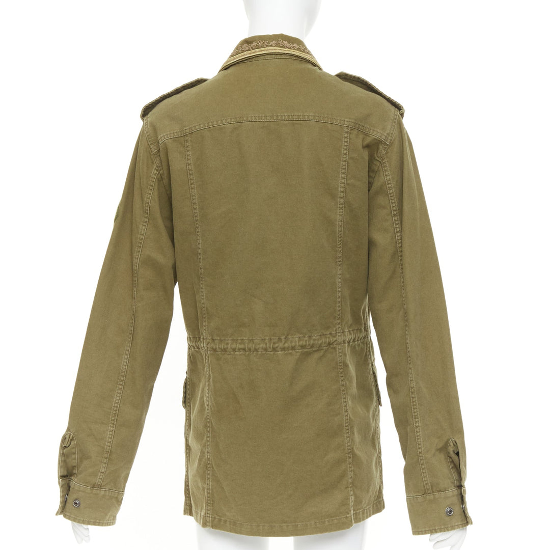 SAINT LAURENT 2018 Saharienne green gold embroidered trim military jacket FR44 L