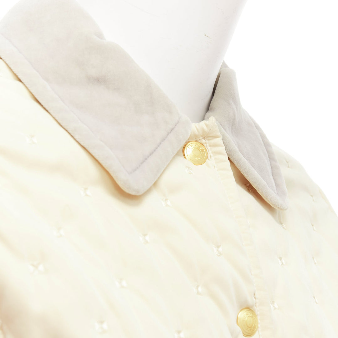 HERMES Vintage cream embroidered quilted grey velvet collar pocketed coat FR38 M