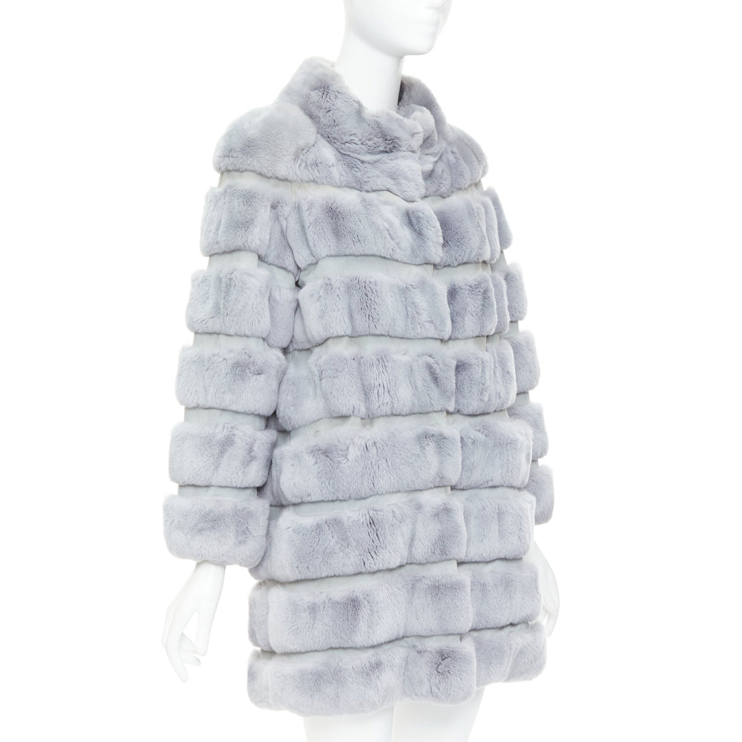 INNIU misty blue fur leather horizontal tiered long coat