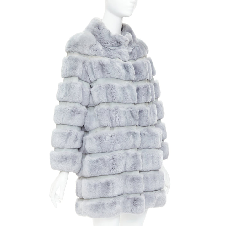 INNIU misty blue fur leather horizontal tiered long coat