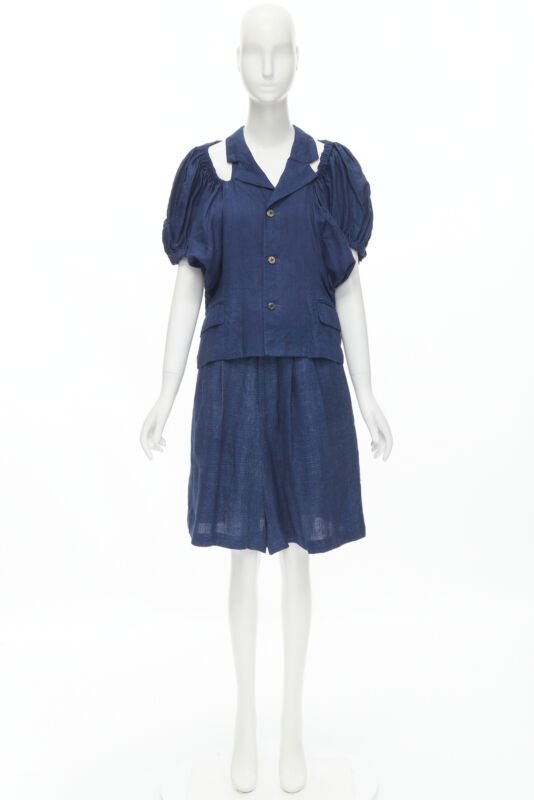 vintage COMME DES GARCONS 1989 blue linen ruched sleeve cut out top shorts set M