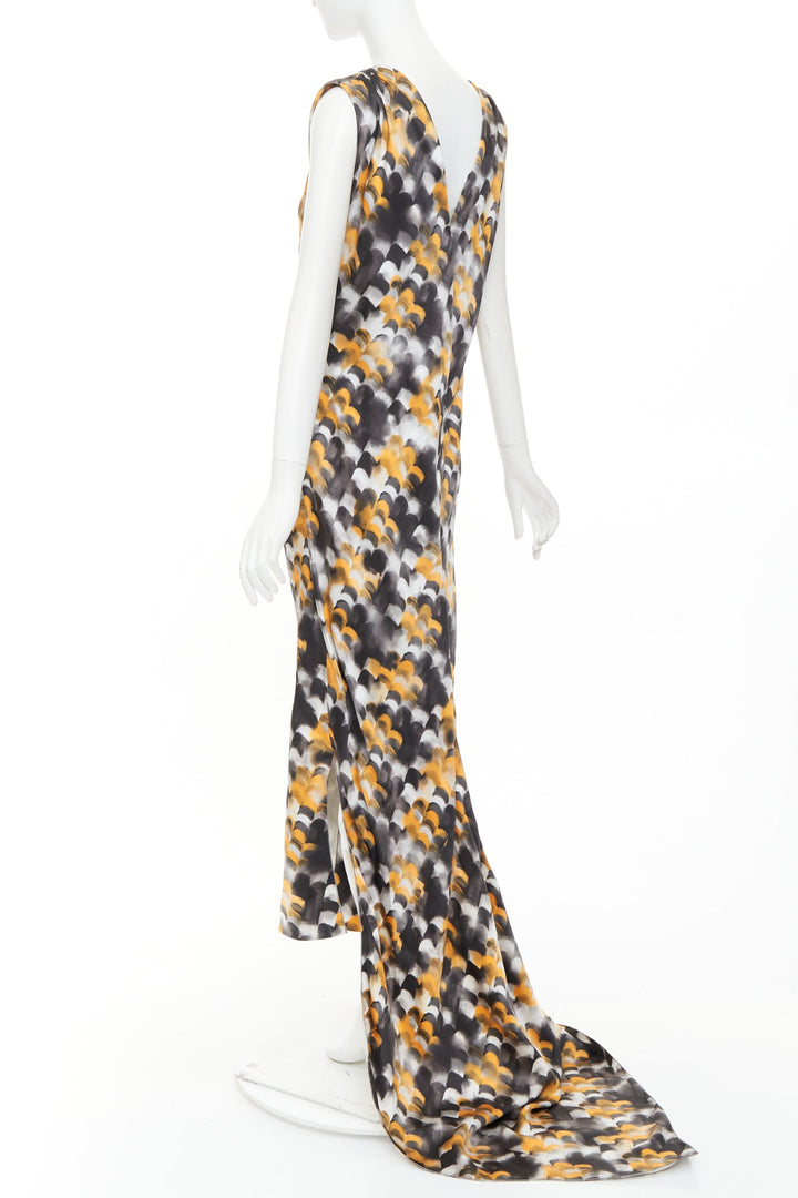 rare PRADA 2023 Runway yellow black viscose silk abstract train gown IT40 S