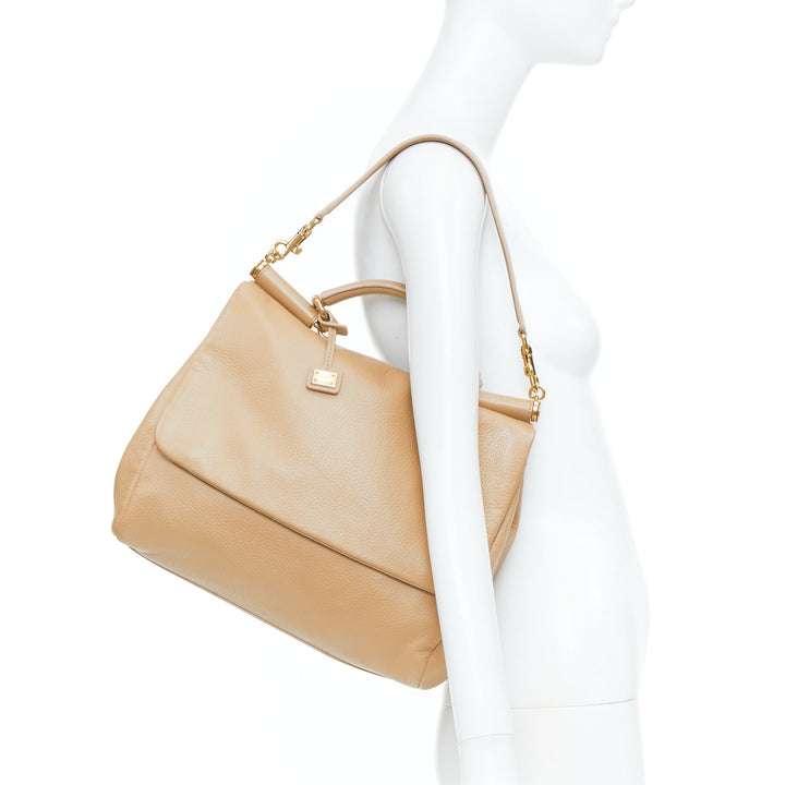 DOLCE GABBANA Miss Sicily beige grained calfskin leather medium satchel bag