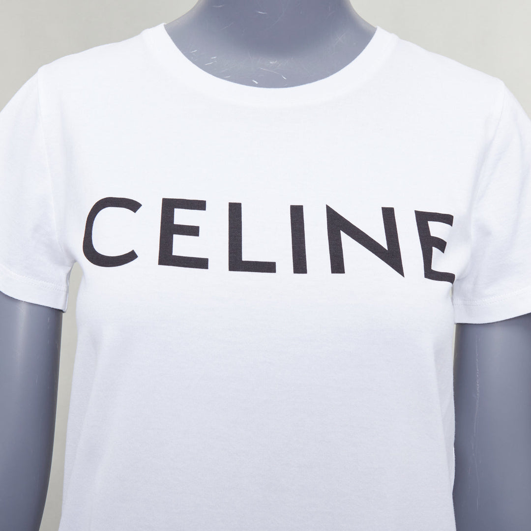 CELINE white cotton black big logo crew neck fitted tshirt XS