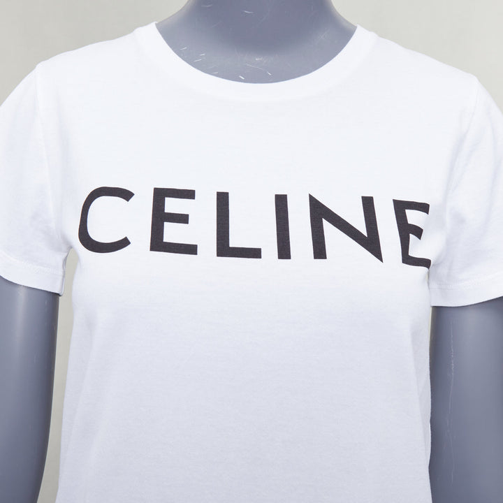 CELINE white cotton black big logo crew neck fitted tshirt XS