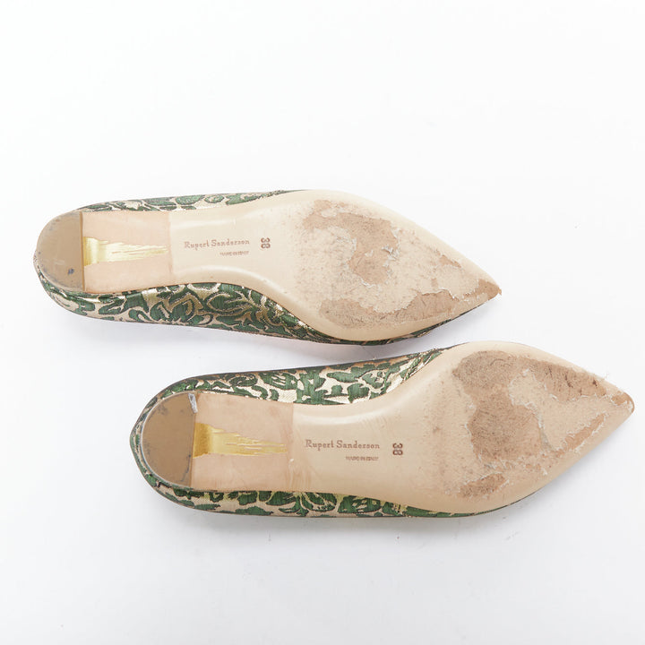 RUPERT SANDERSON Aga green gold brocade embellished pointy flats EU38