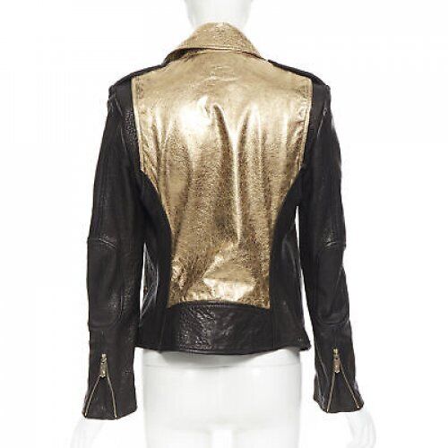 FAITH CONNEXION black pebble leather metallic gold back moto biker jacket FR38 S